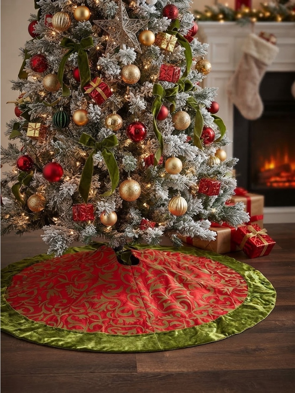 Vintage BOMBAY Green and Red Holiday Christmas Tree Skirt with Velvet Trim